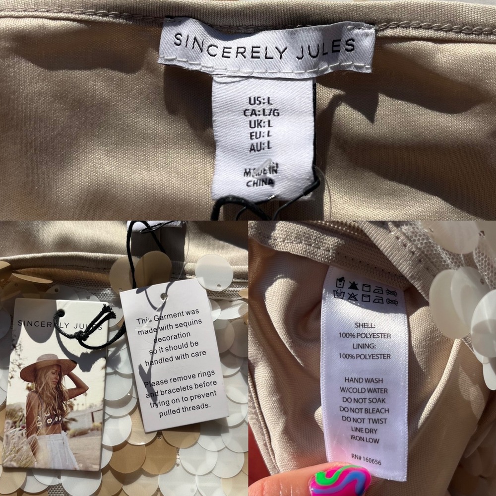 Sincerely Jules Womens L Cream Tan Sequin Paillette Side Zip Mini Skirt NEW Boho - Picture 5 of 15